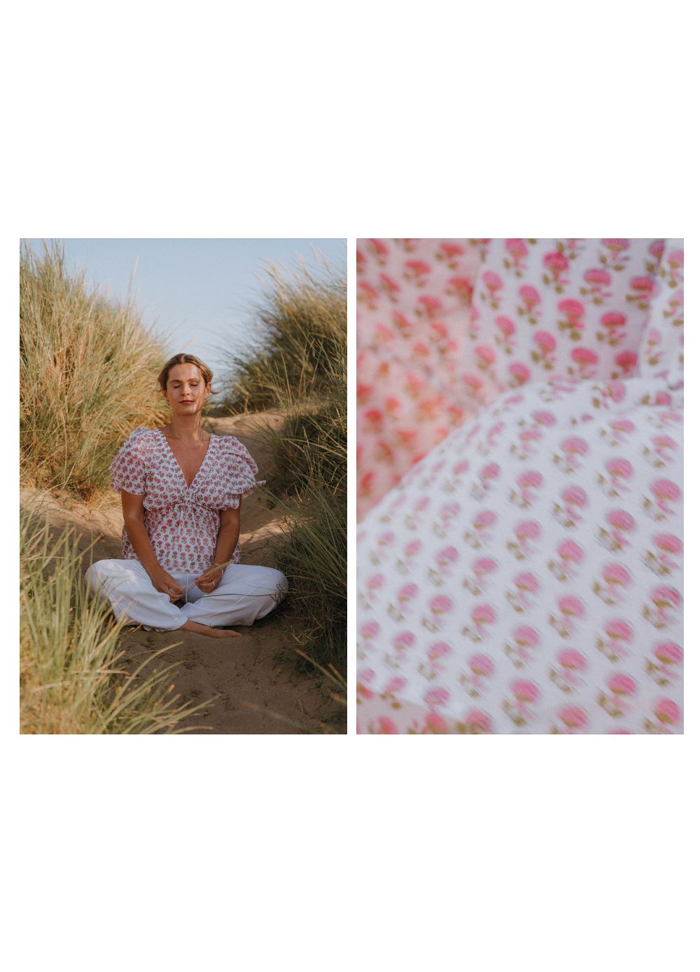 A summer fashion scene in beach grass paired with a close-up of floral fabric pattern.