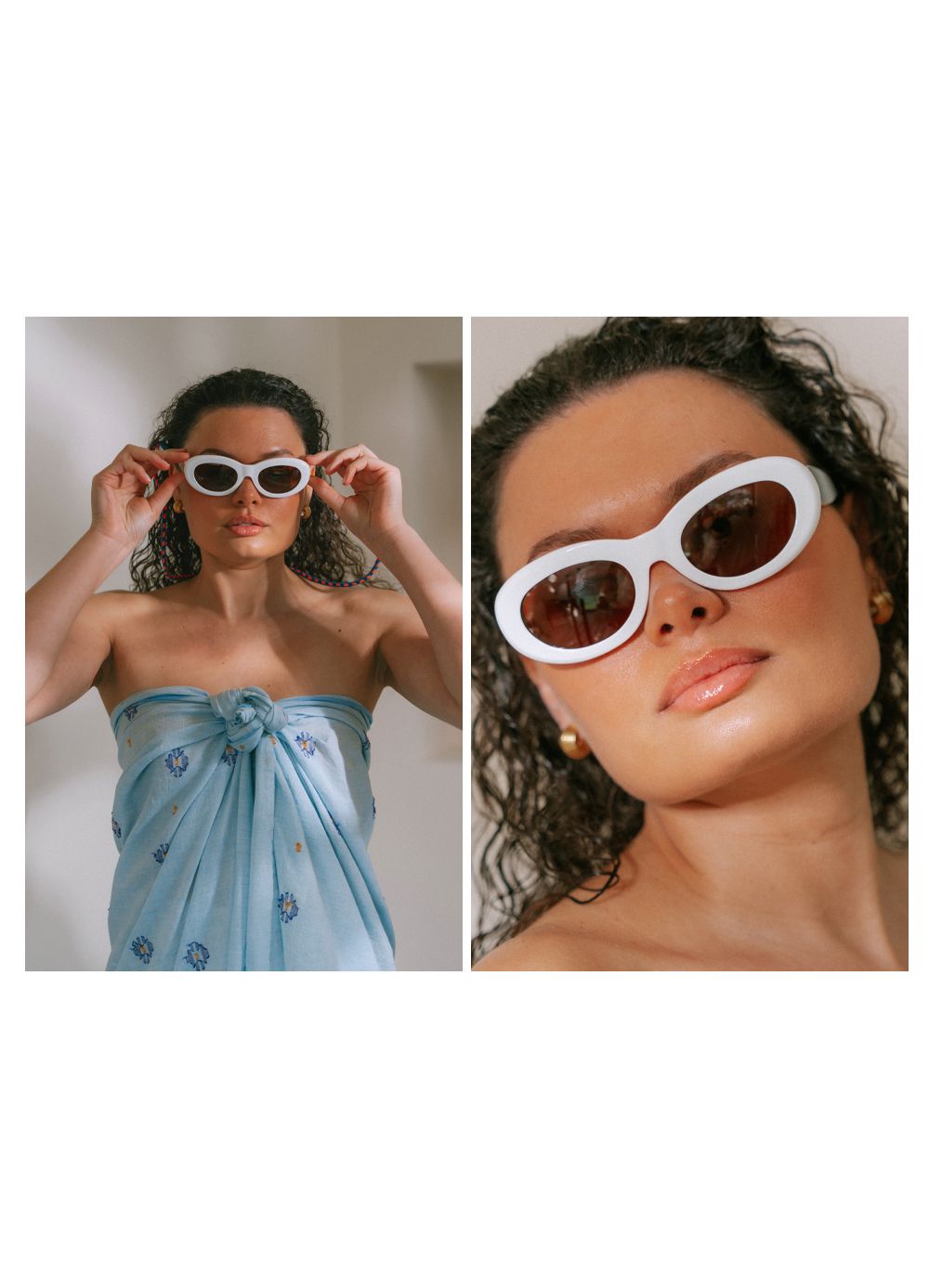 Fashion portraits featuring retro white and tortoiseshell sunglasses with a blue wrap top.