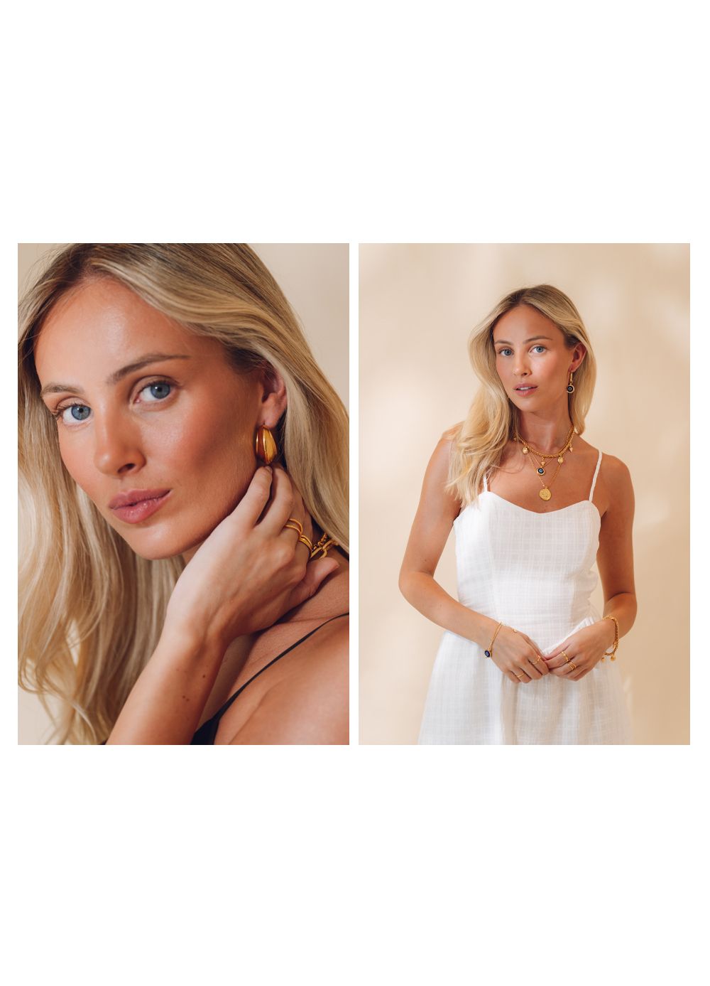 Two lifestyle photos featuring a blonde woman in glowing makeup and a white summer dress against a neutral backdrop.