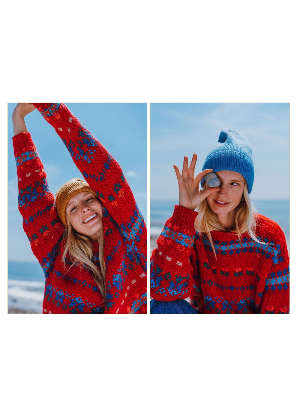 A person wearing a red and blue striped sweater and blue beanie poses playfully at the beach on a sunny day.