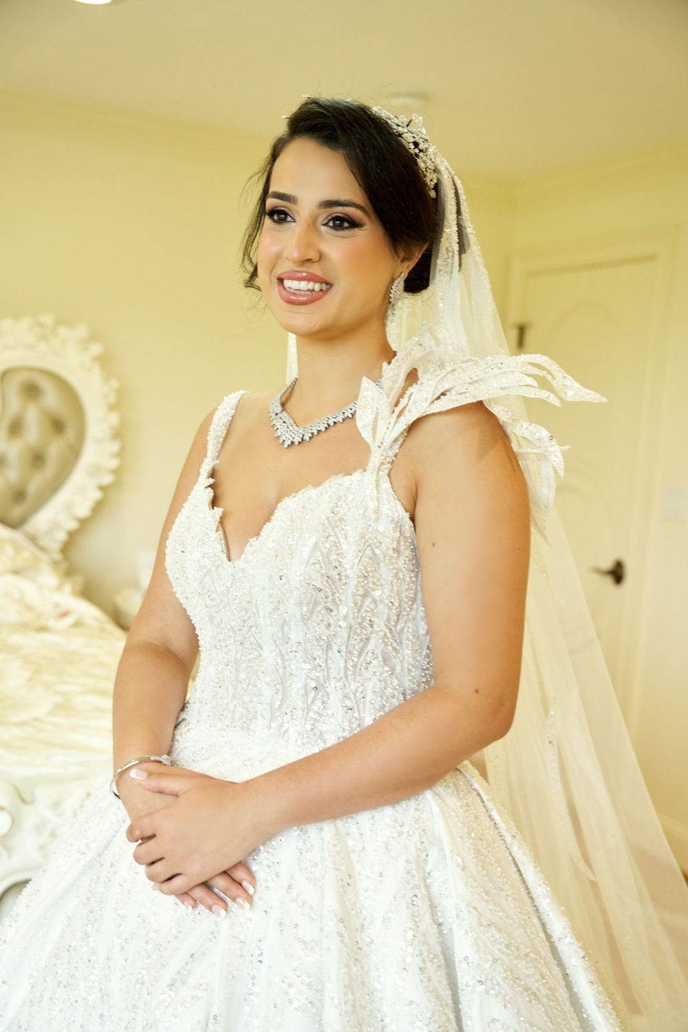 Wedding dress showcase featuring intricate lace details and full skirt design.