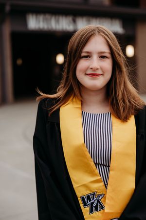 A series of graduation photos showing someone in a yellow stole and black gown smiling at the camera.