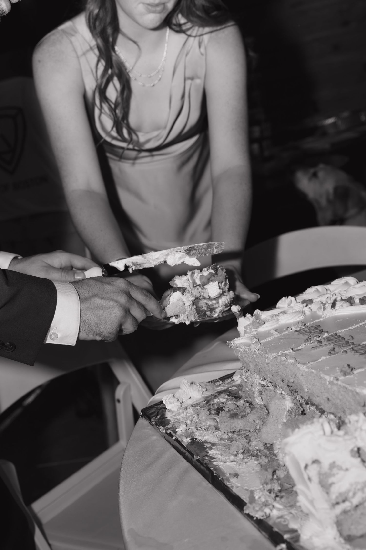 Black and white photo series showing cake being cut and served at a wedding reception.