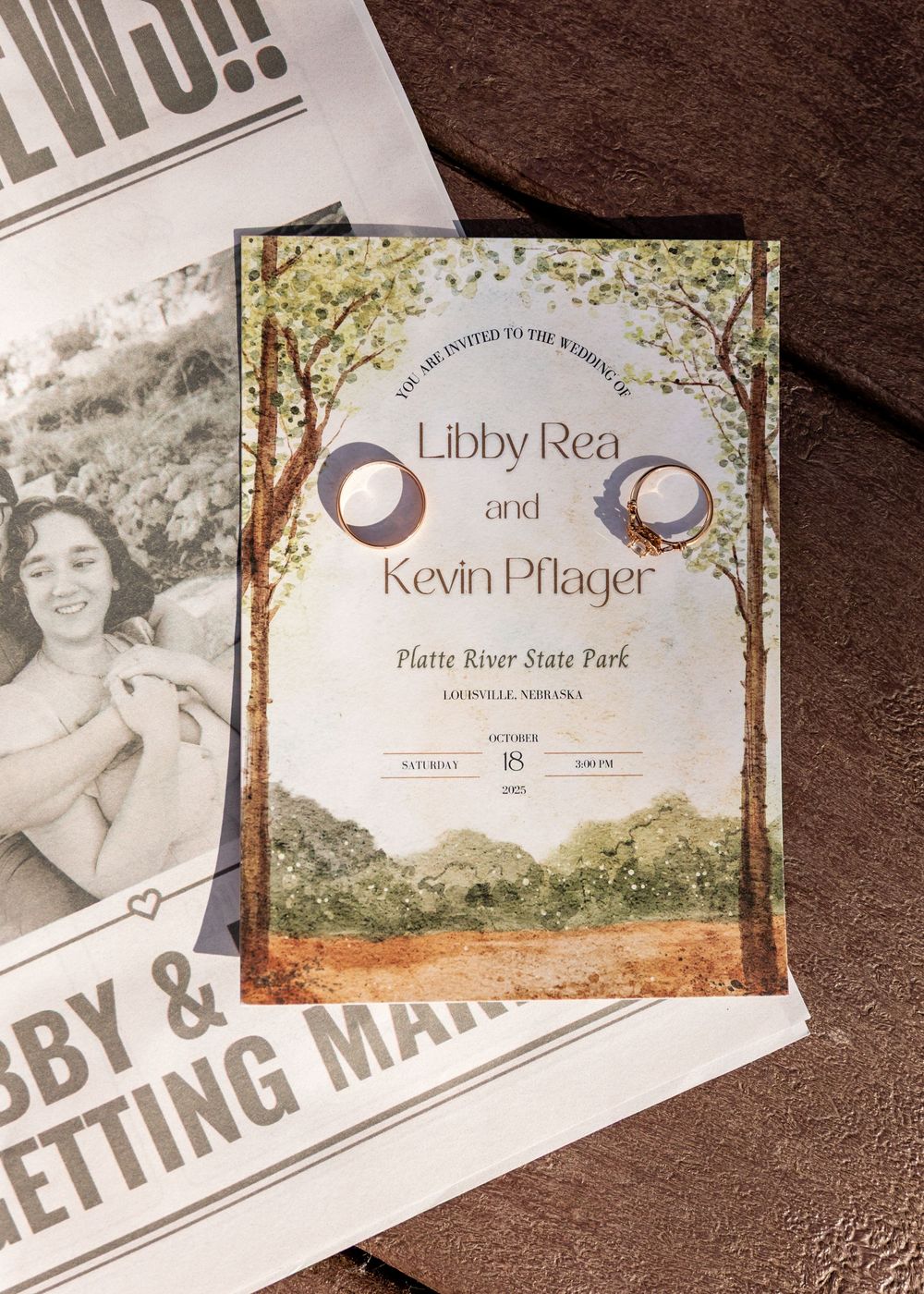 Wedding invitation for Libby Rea and Kevin Pflager at Platte River State Park, Louisville, Nebraska, with watercolor design.
