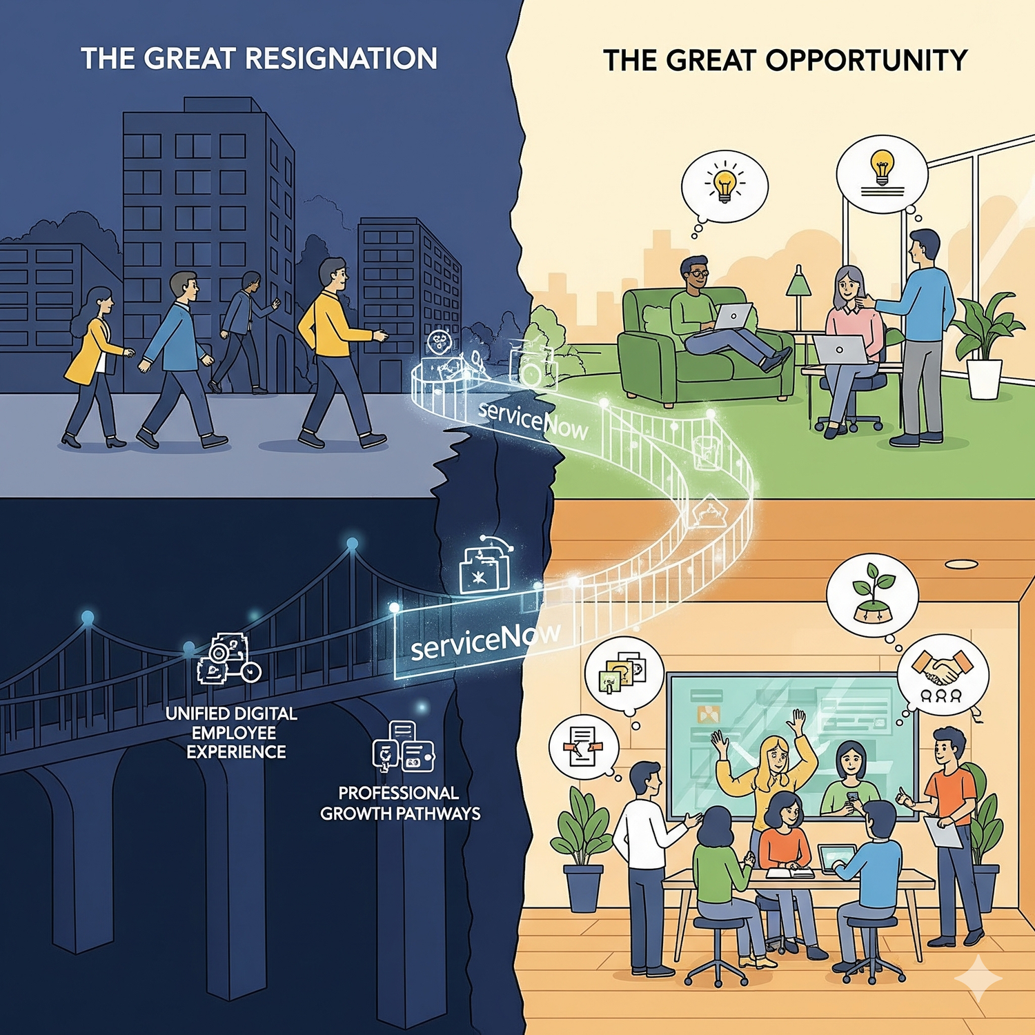 Illustration contrasting The Great Resignation with The Great Opportunity, featuring ServiceNow digital employee experience pathways.