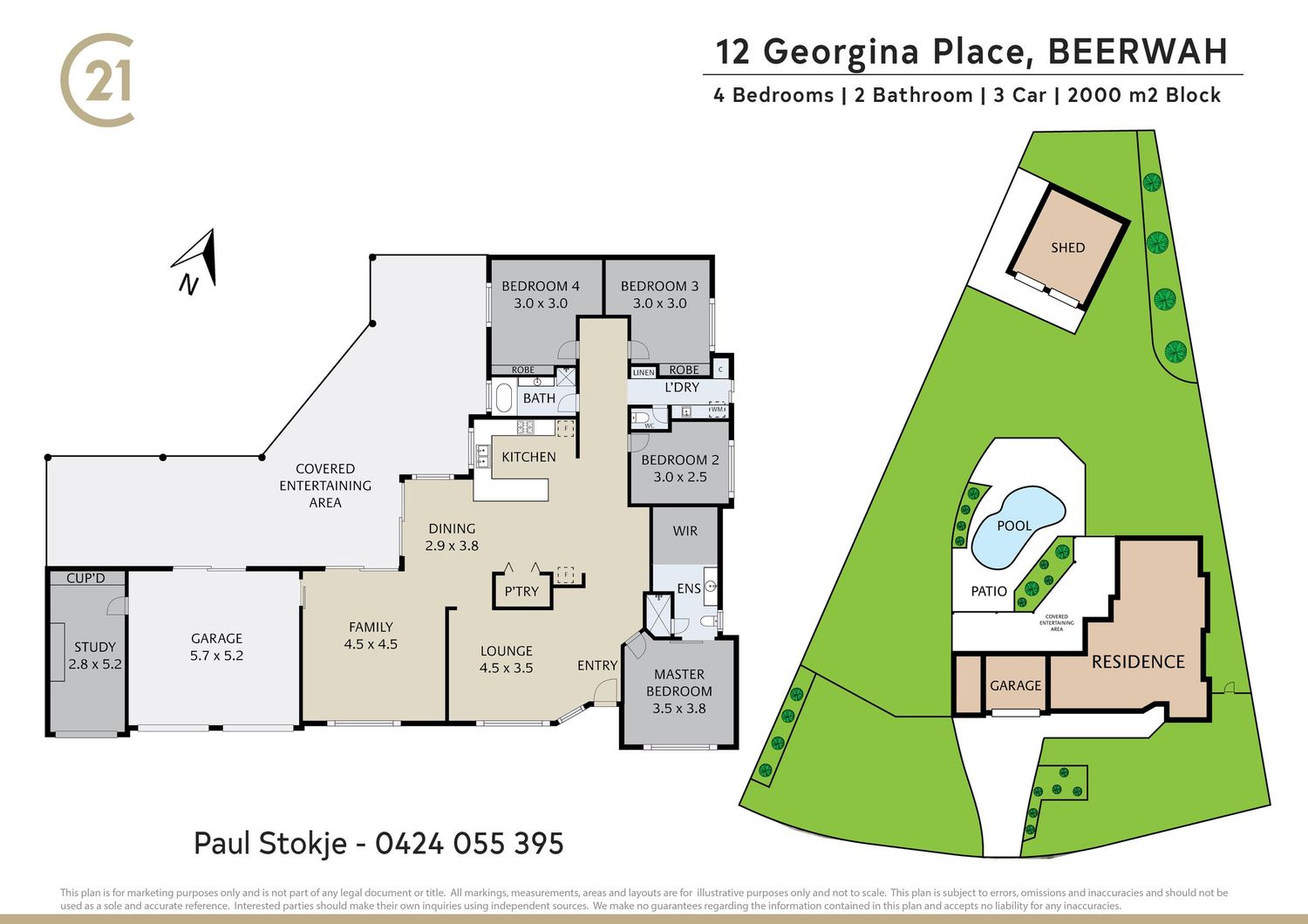 Floor plan of 4-bed 2-bath home at Beerwah with 3-car garage on 2000sqm block.
