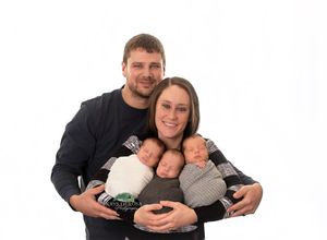 A sequence of four similar photos showing a couple posing together in casual attire against a white background.