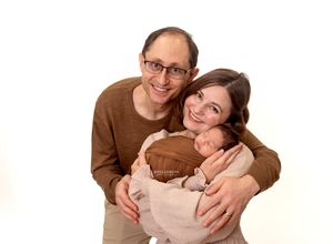 Collection of gentle family portrait poses against white background.