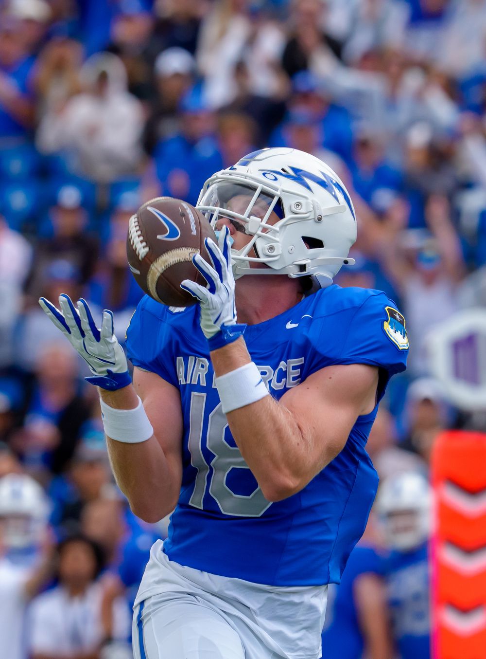 Football player in blue and white uniform reaches up to catch a pass during a game.
