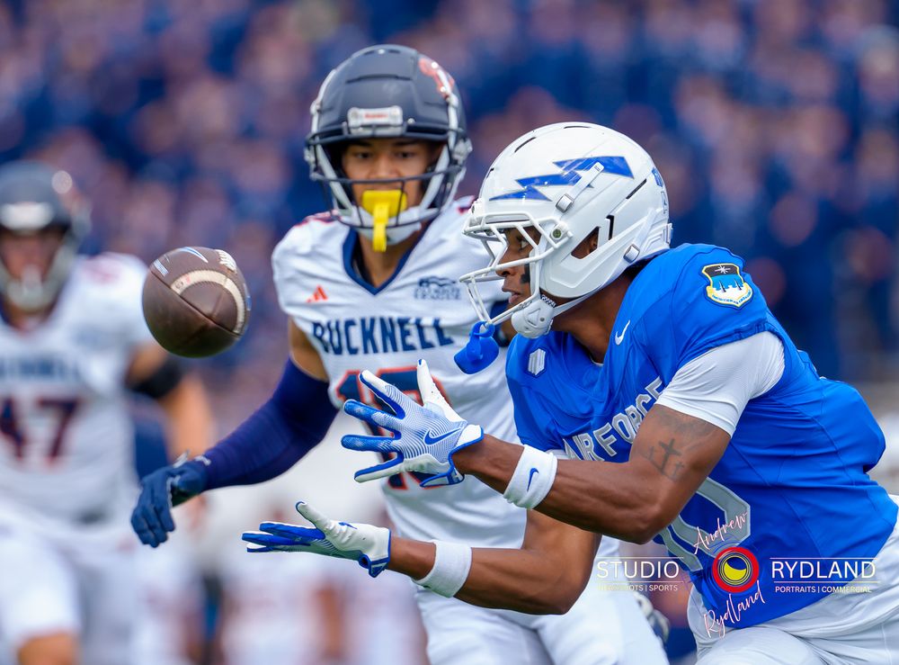 Multiple action shots show college football players from Air Force and Navy teams catching and throwing passes during a game.