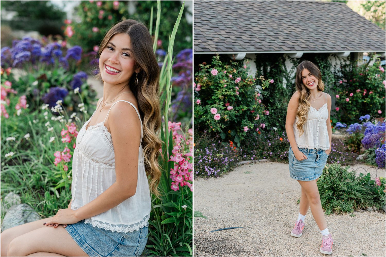 senior wearing white shirt and jean skirt sitting by roses during slo high senior photos by felisha connolly | pink shoes | garden of roses