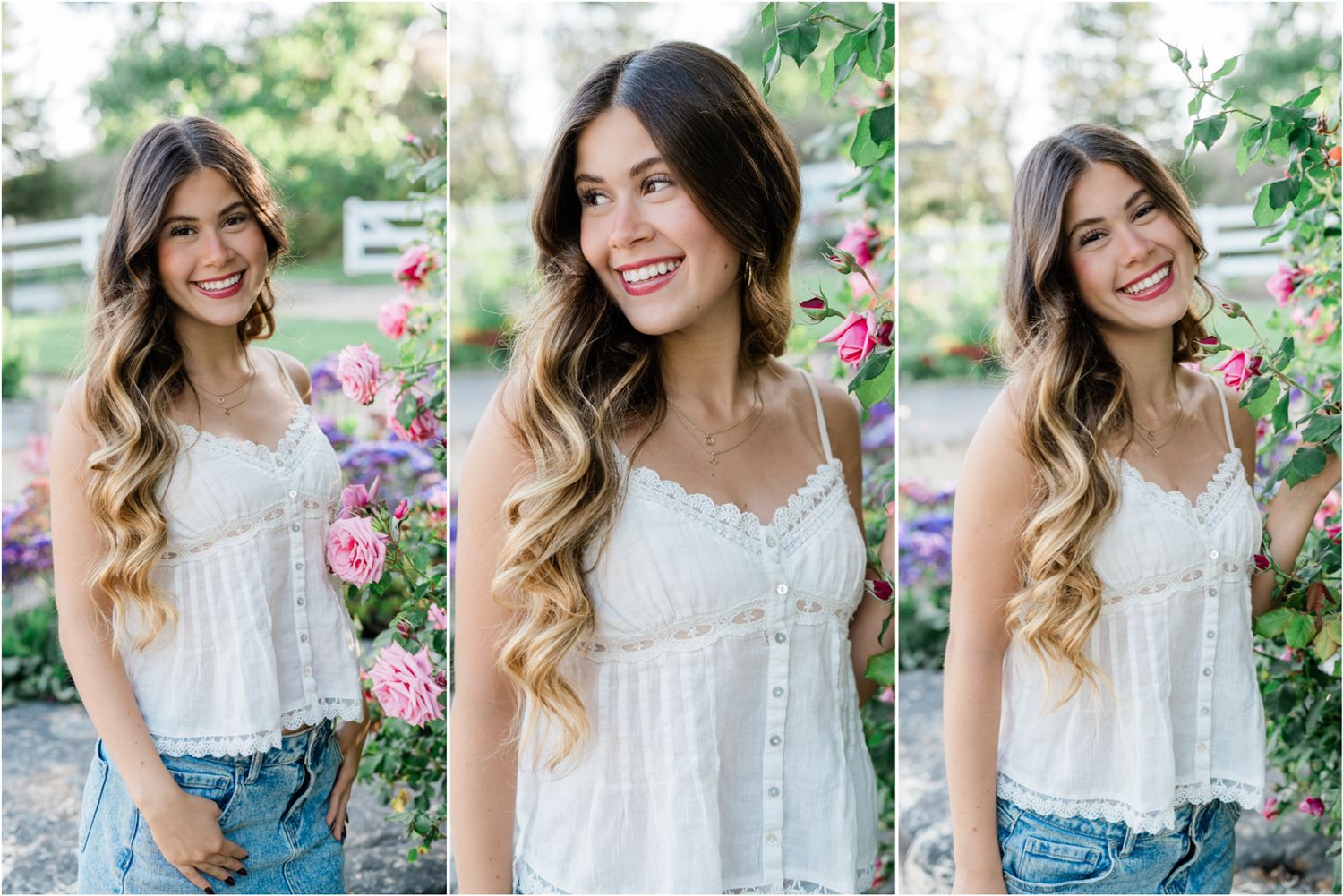 senior wearing white flowy tank top and denim skirt standing in garden of roses for senior photos | SLO high senior photos
