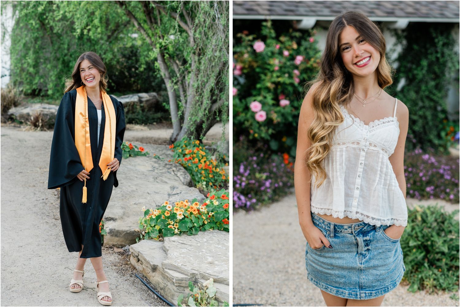 slo high senior photos in graduation gown for senior cap and gown session in garden in san luis obispo by senior photographer