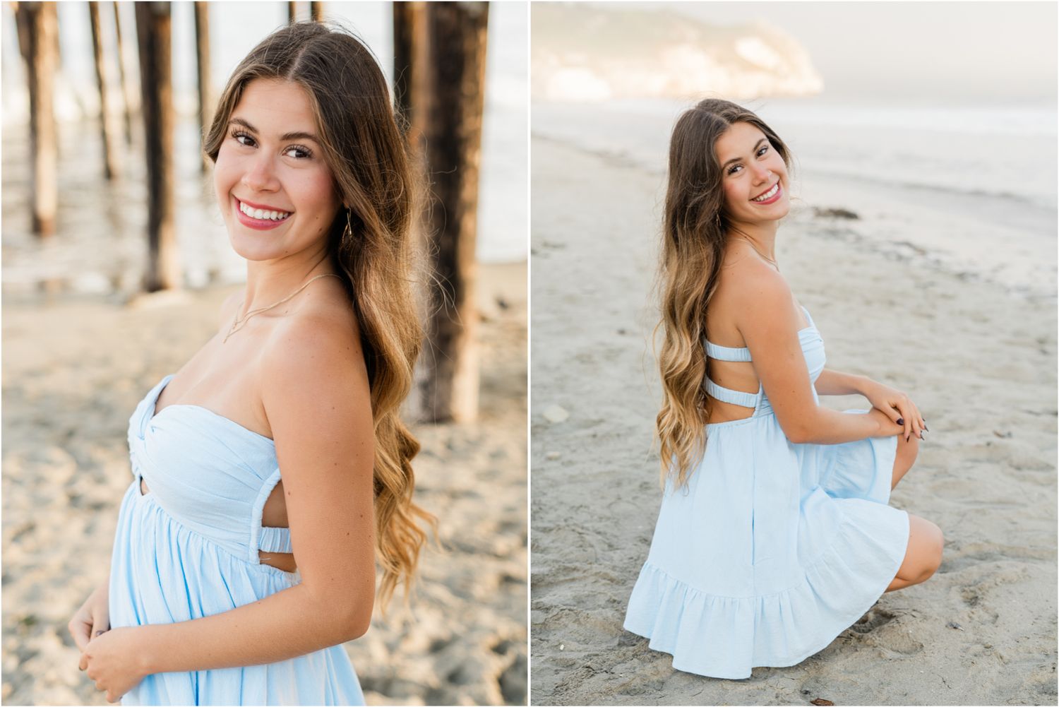senior girl in light blue dress in avila beach for senior photo session by felisha connolly