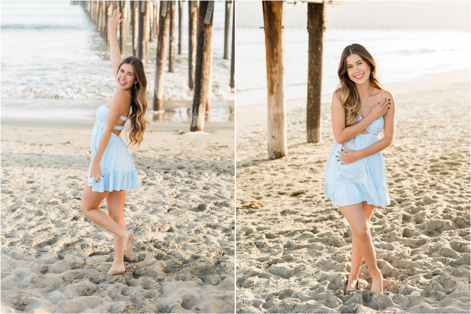 senior girl near pier in avila beach for slo high senior photos | blue dress senior photos | beach location for high school senior photos
