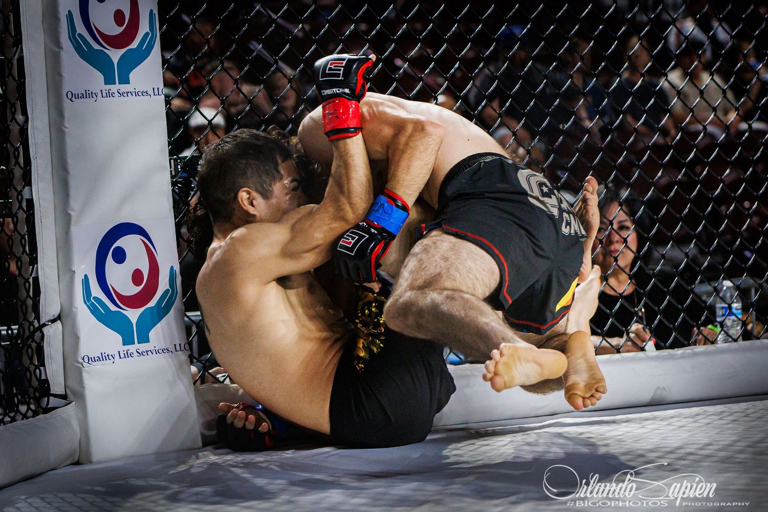 Two MMA fighters grapple on the ground during an intense match inside the octagon cage.