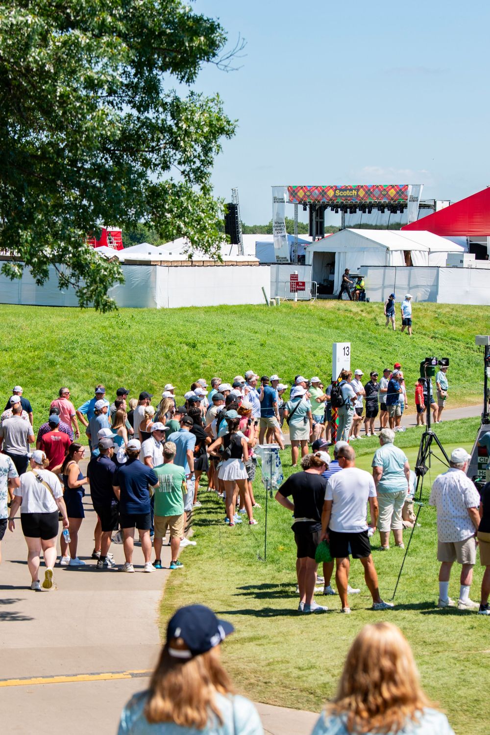 A long line of festival attendees wait in a queue on a grassy hill on a sunny summer day.