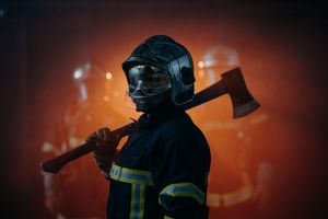 Dramatic silhouette of firefighters against orange flames and smoke during nighttime emergency response.