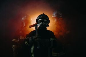 Firefighters silhouetted against bright orange flames during nighttime emergency response.