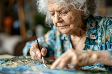 Elderly woman with white hair painting a colorful artwork with a fine brush at a table.