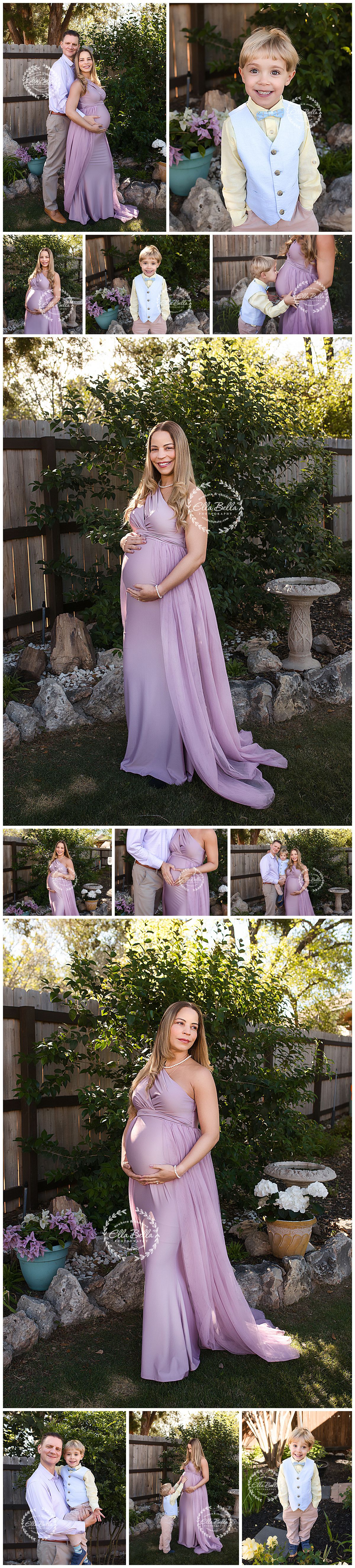Pregnant woman in lavender maternity gown poses with husband and young son in a garden for a maternity photo session.
