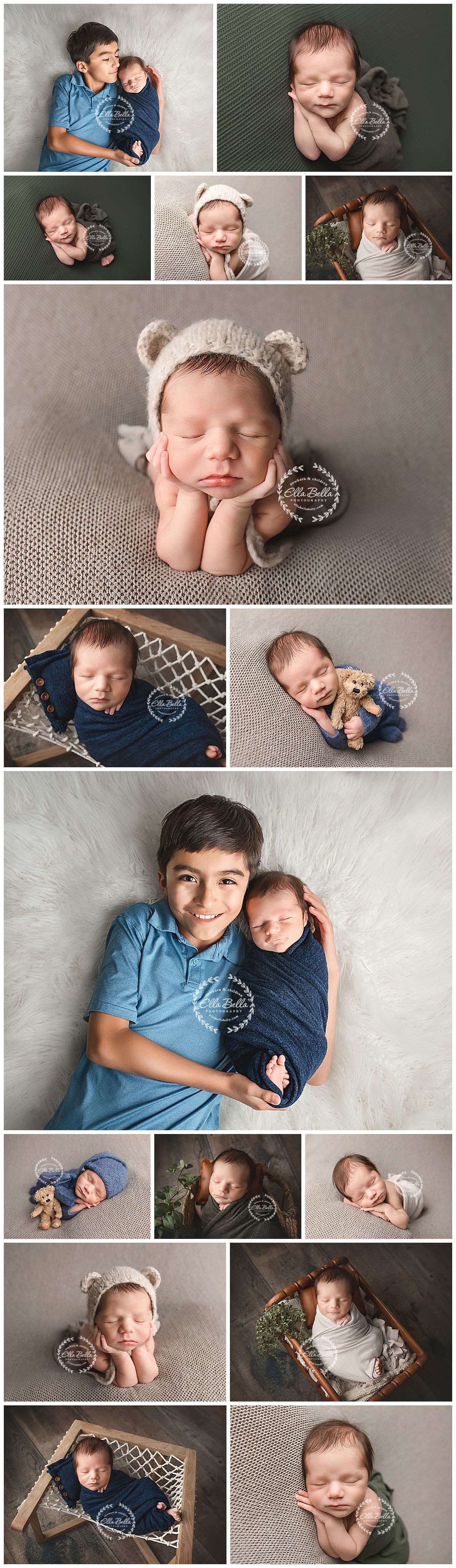 Newborn baby boy photography session collage featuring sibling poses, bear bonnet, navy wraps, and wooden props by Ela Bella.