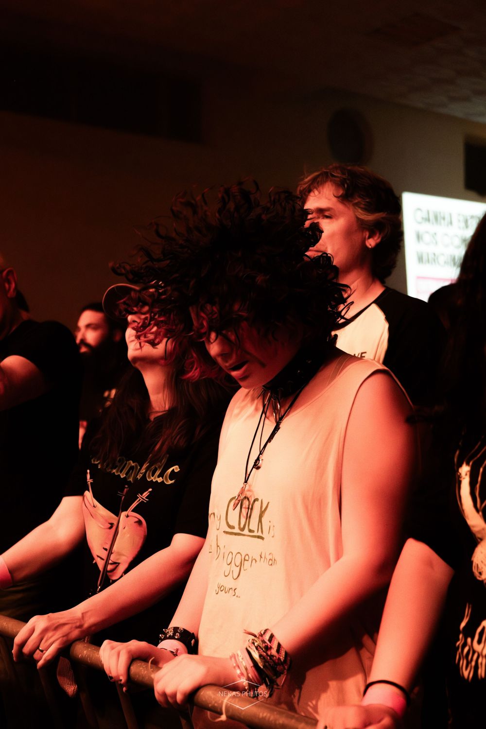 Crowd of rock concert fans with wild hair and band t-shirts standing at the barrier under warm stage lighting.