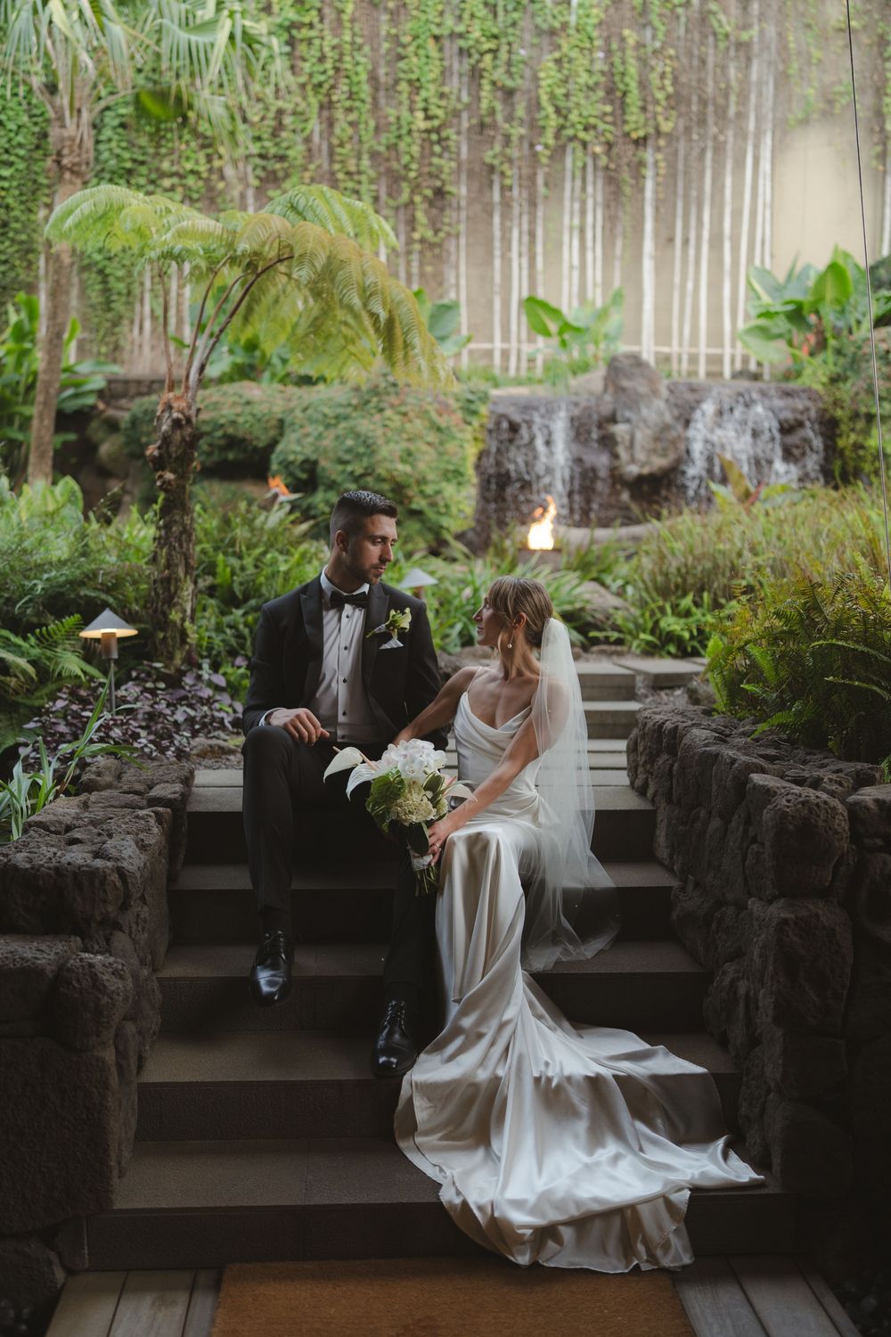 Bride and Groom looking at each other 1 Hotel Hanalei Bay