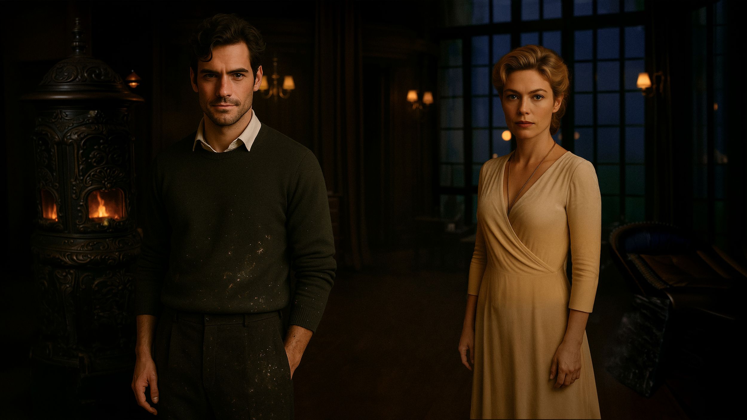 A man and woman stand in a dimly lit, gothic-style room with warm candlelight in the background.
