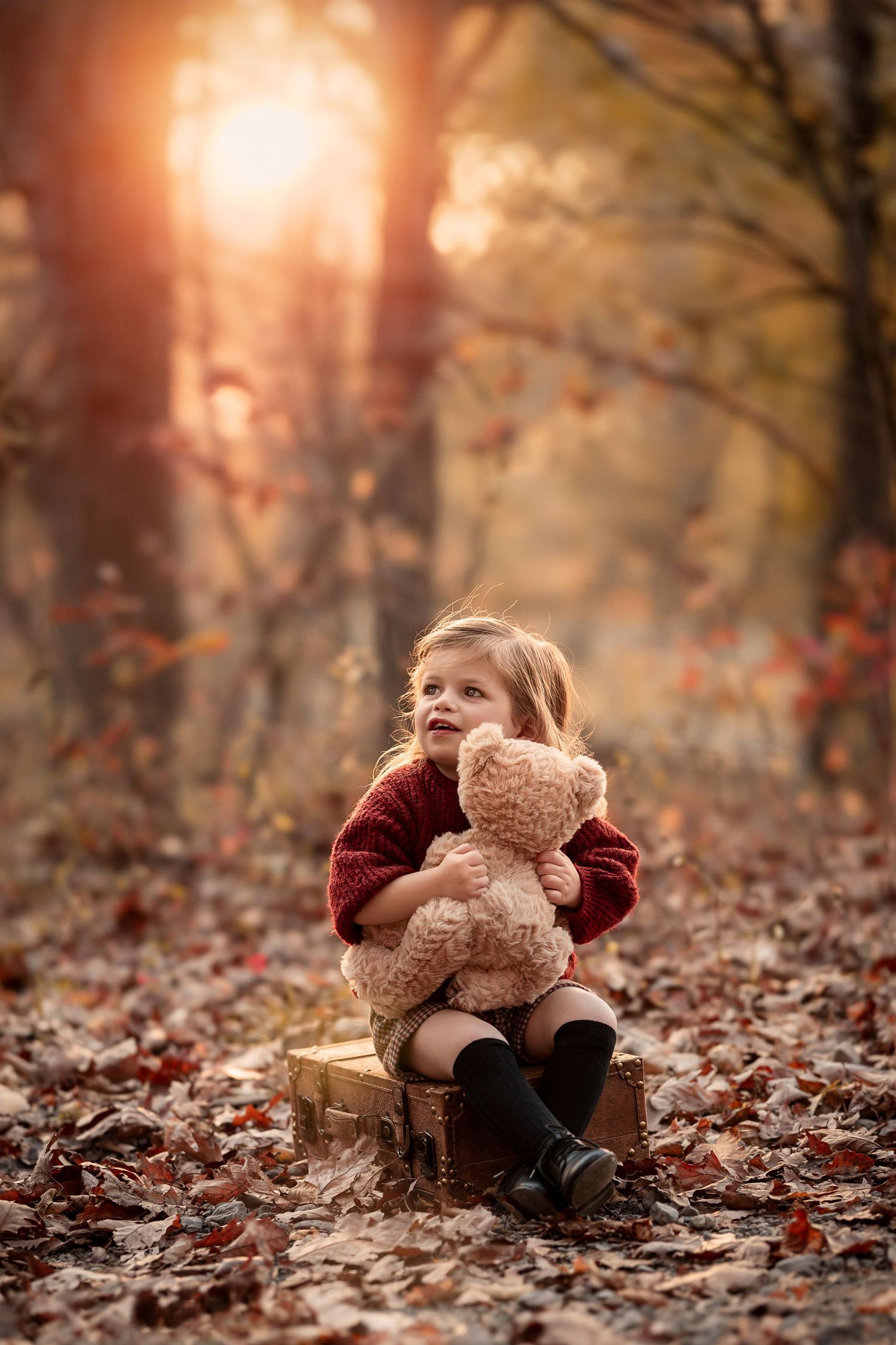 Young girl in red sweater hugs teddy bear on vintage suitcase among autumn leaves in golden forest light.