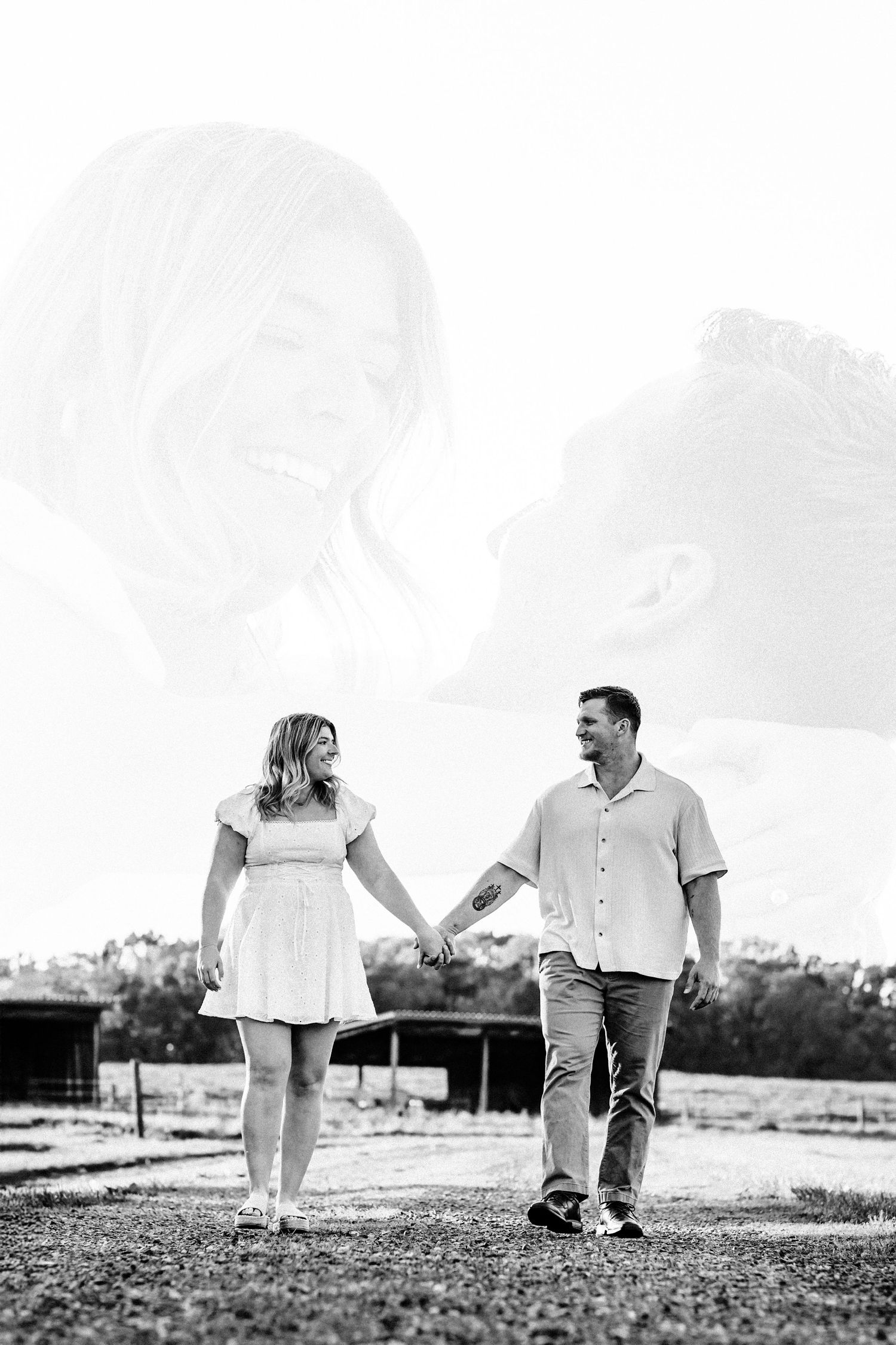 Black and white photo series showing couple sitting and walking together in a romantic outdoor setting.