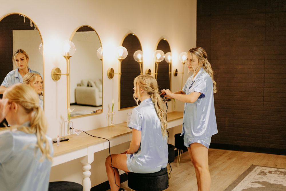 A sequence of wedding preparation photos showing getting ready moments in a brightly lit dressing room.