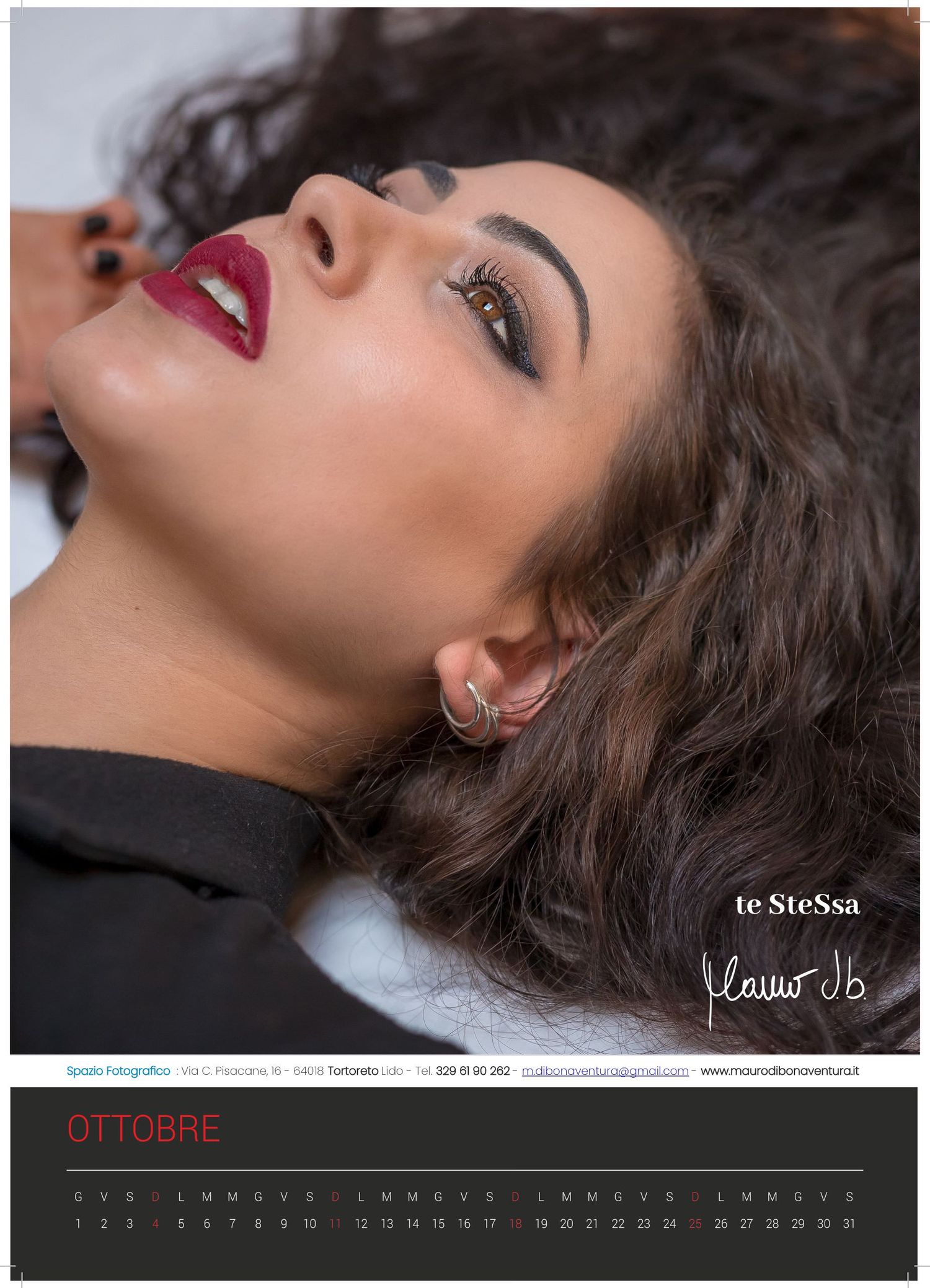 A glamour portrait shows dramatic red lipstick and smoky eye makeup with wavy dark hair against a studio backdrop.