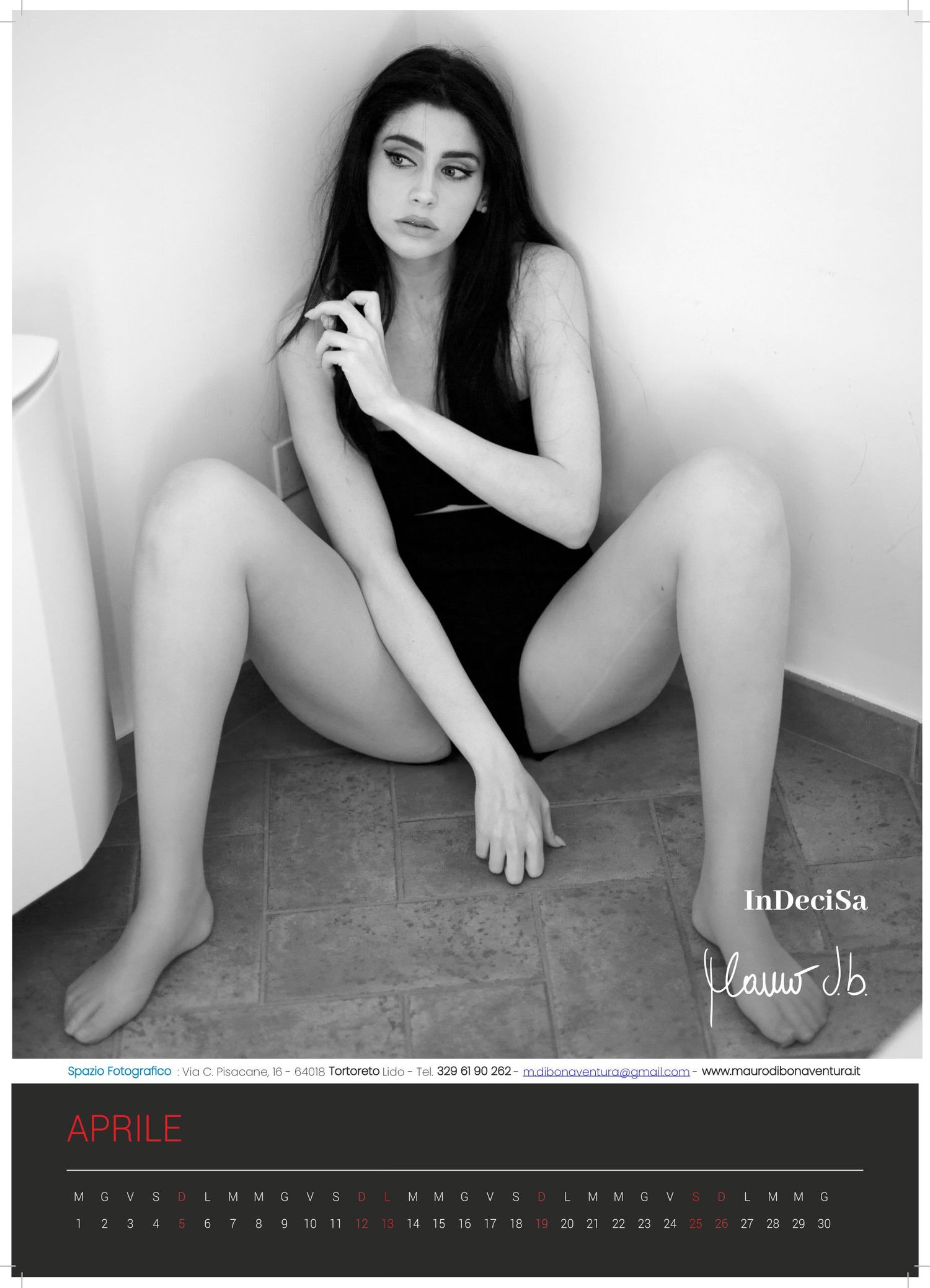 Black and white artistic portrait for April calendar page.