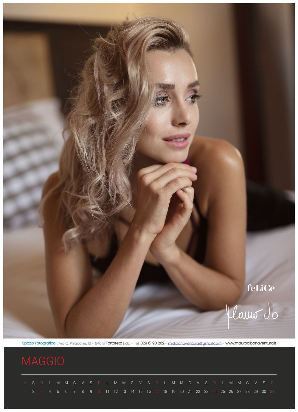Intimate boudoir photography with soft lighting for May calendar page.