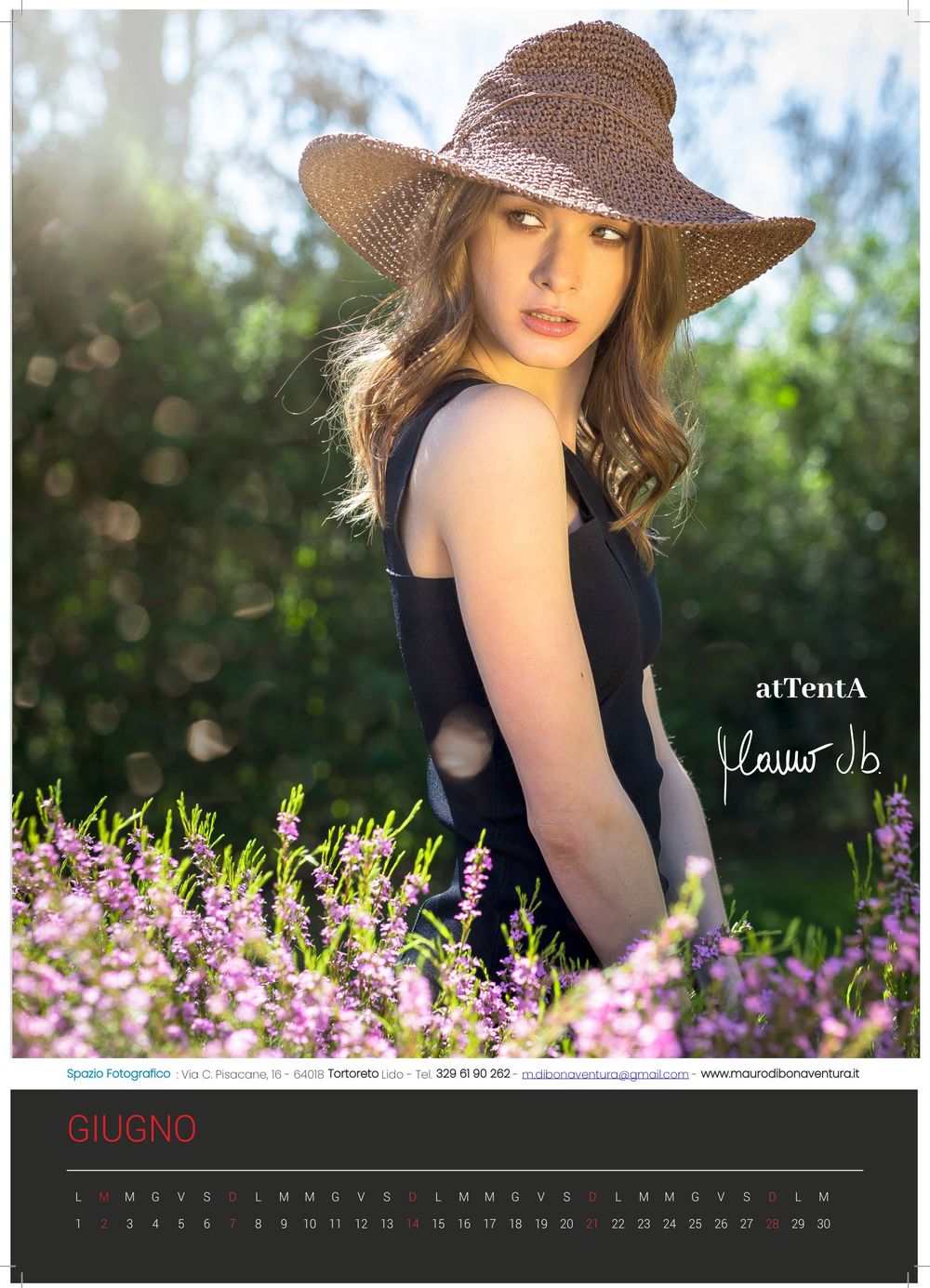 June calendar portrait of figure in straw hat among purple wildflowers.