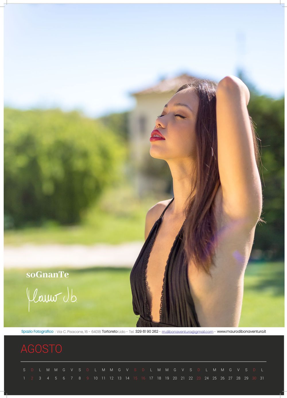 Calendar page for August shows summer outdoor portrait with sunlit trees and building in background.