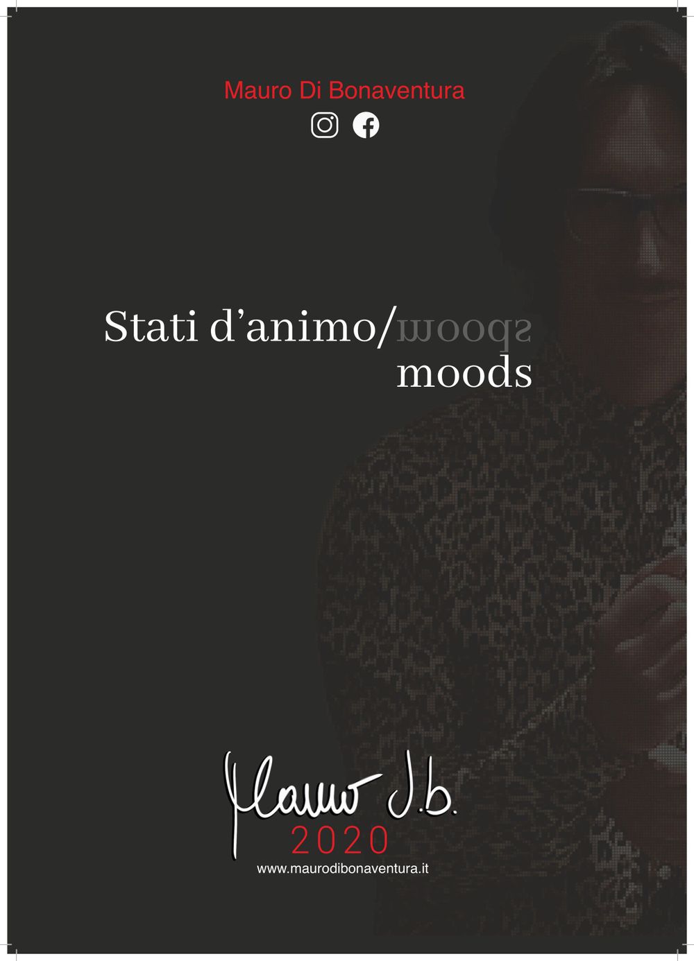 Text-based book cover titled "Stati d'animo/moods" by Mauro Di Bonaventura with social media icons and a signature.