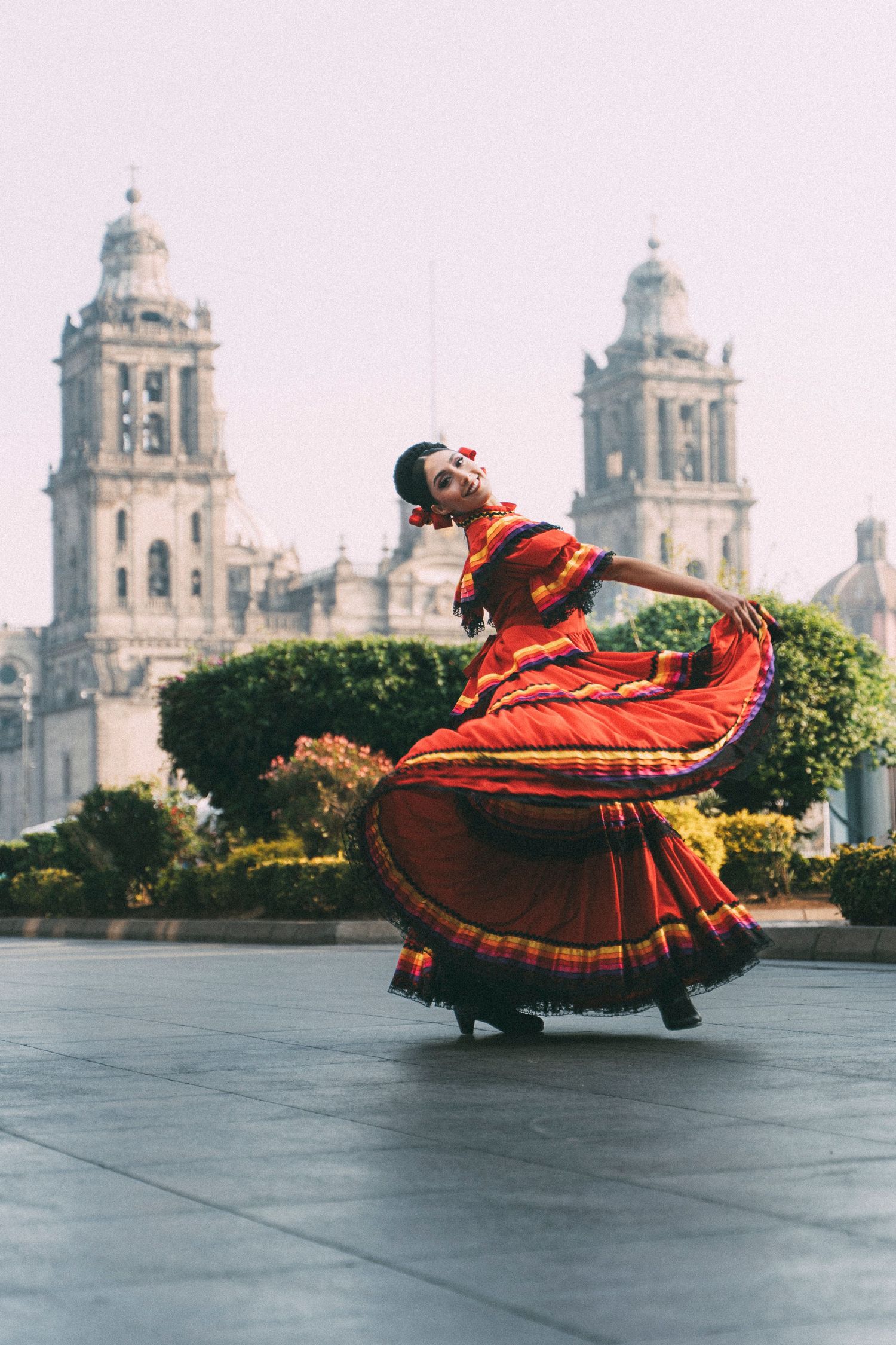 Professional Ballet Folklórico dance photography on streets near the Mexico City Metropolitan Cathedral