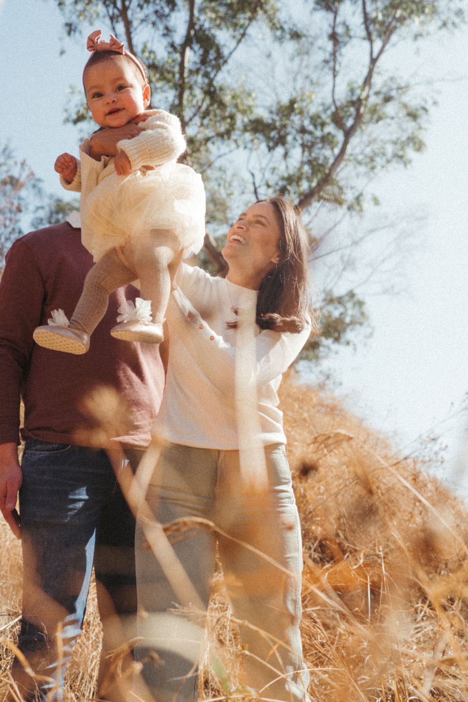 Family sharing tender moments together in a sunlit field with golden grass and trees.
