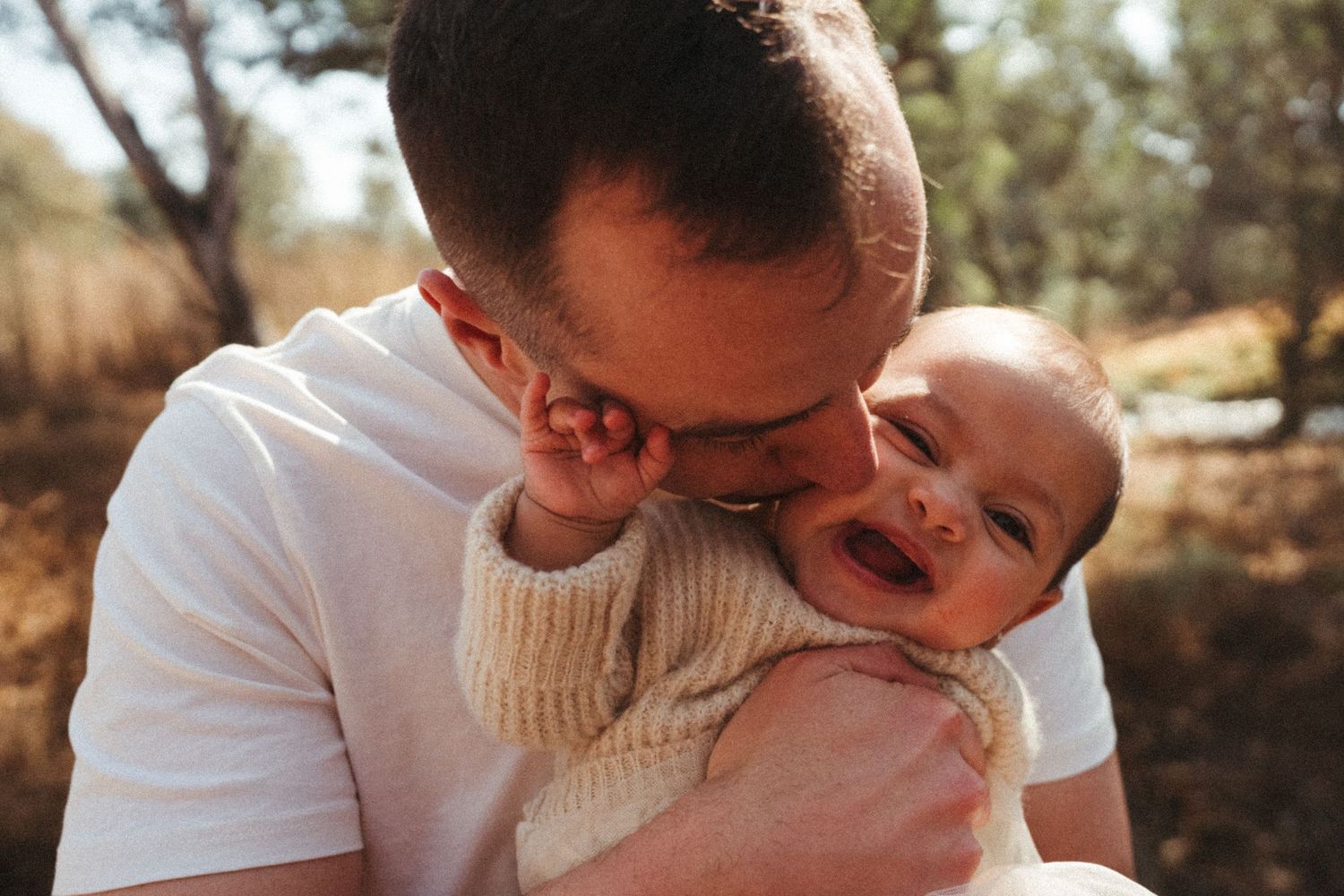 Candid outdoor family photography sequence showing natural moments of connection.