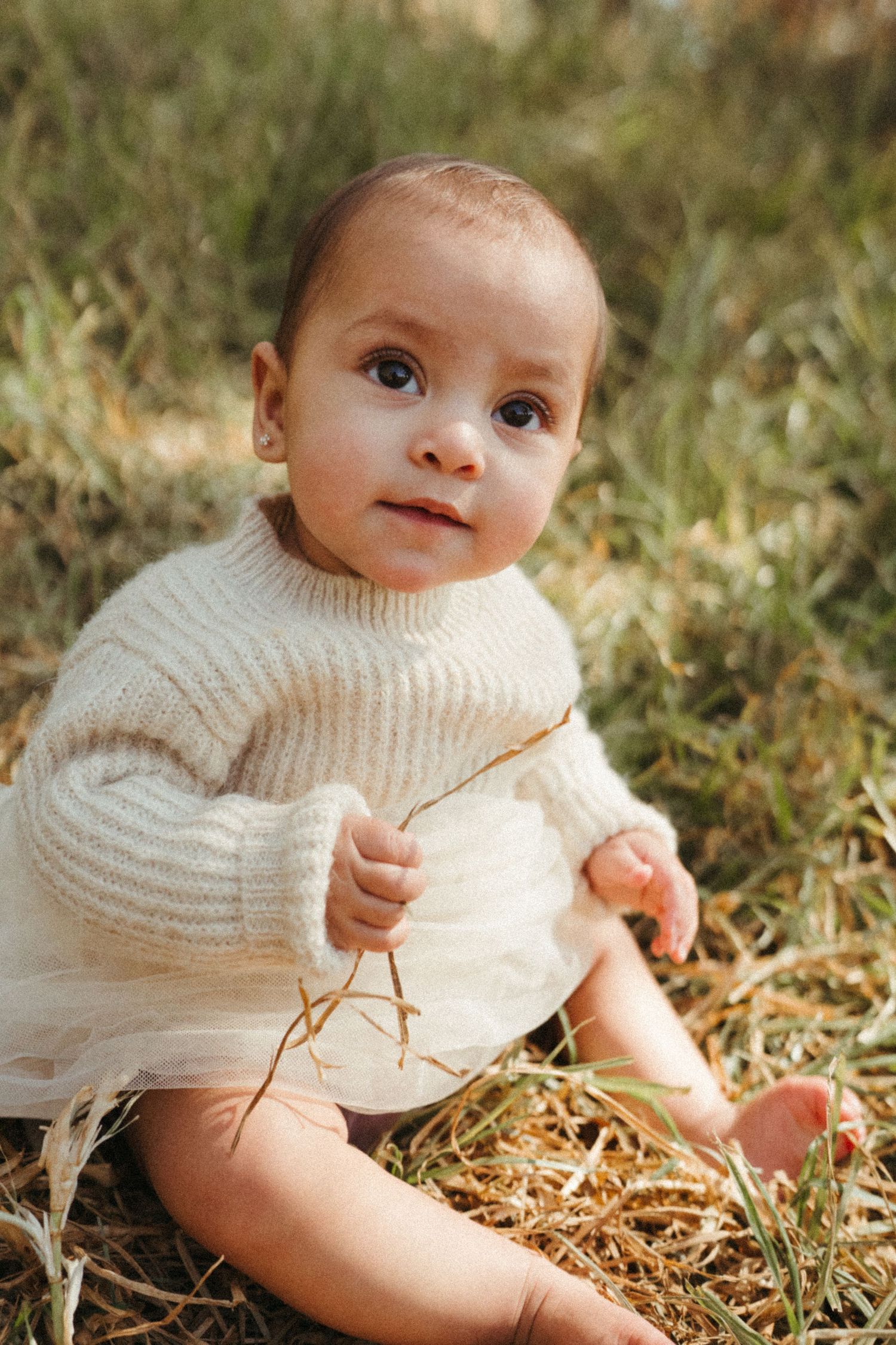 Baby in cream knit sweater playing on autumn grass with joyful expressions.
