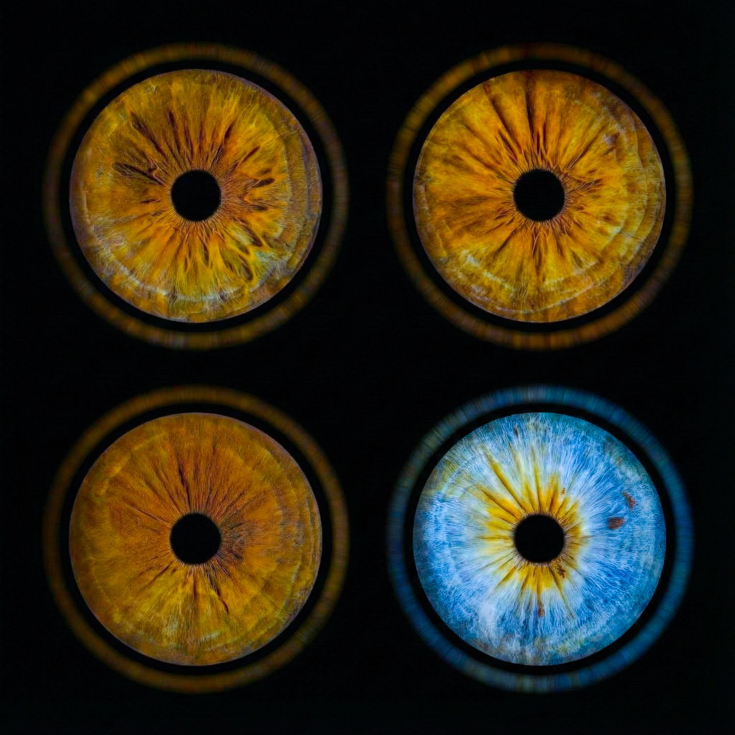 Artistic photo sequence showing a human iris transitioning from glowing yellow to bright blue against a dark background.