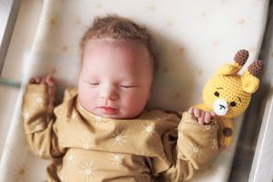 Sleeping newborn in brown onesie holds small knitted yellow giraffe toy against beige background.