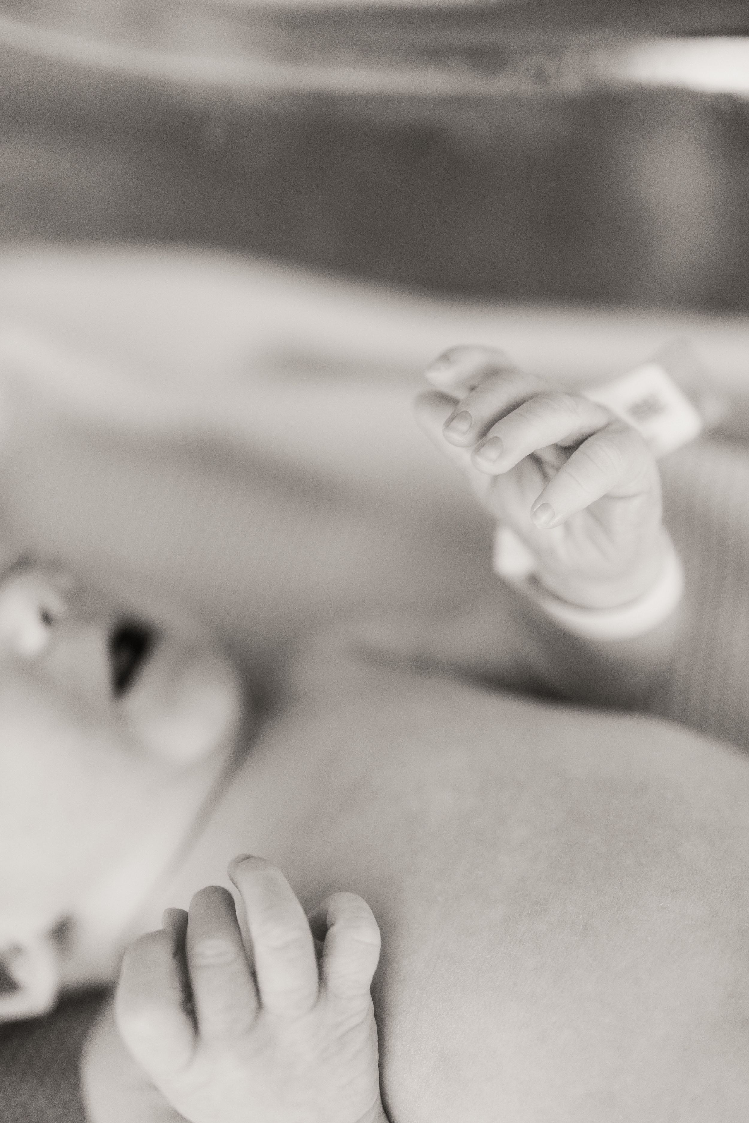 A close-up black and white image shows a newborn baby's tiny fingers gently resting on a soft surface.