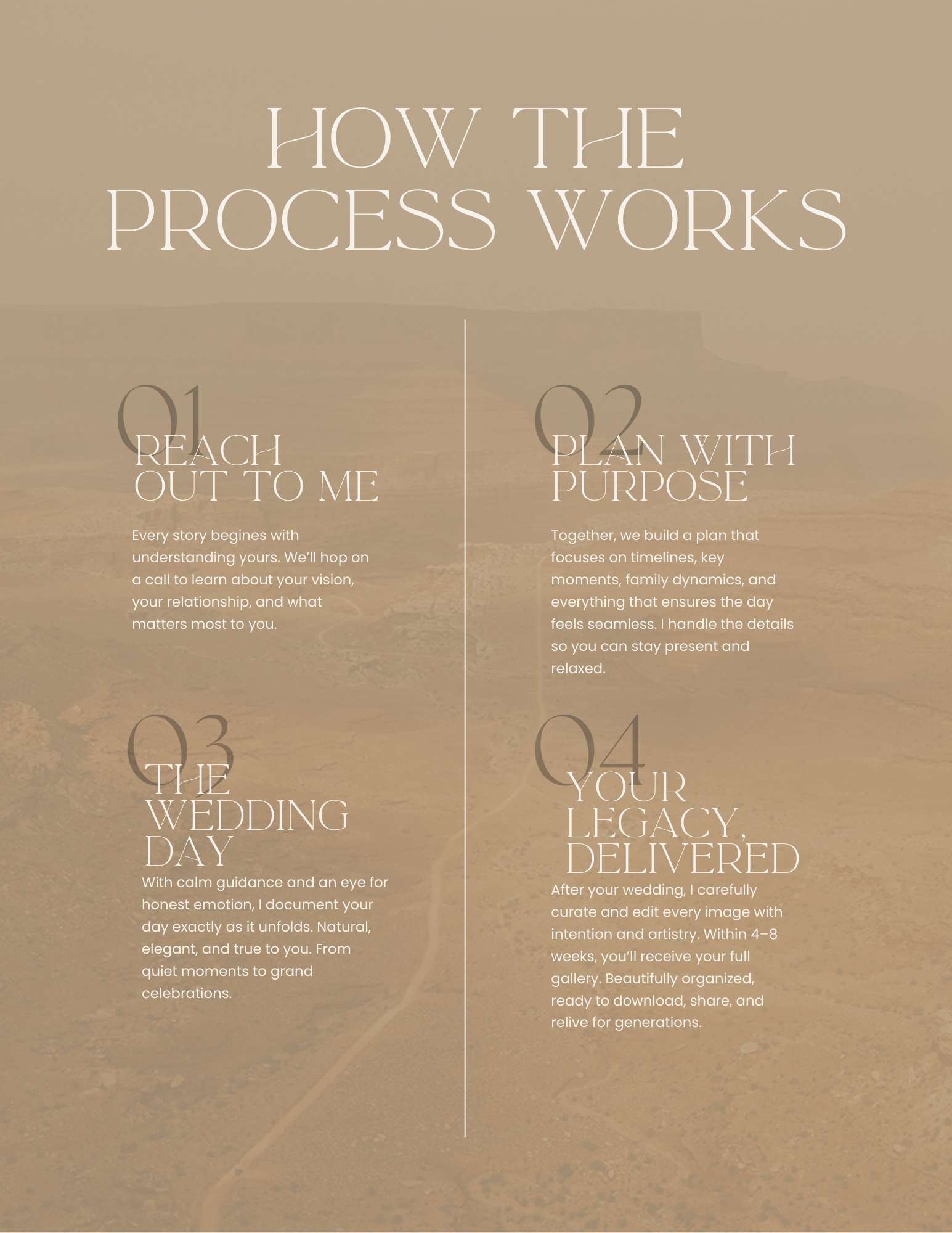 Minimalist beige branding design mockup showing elegant typography and layout for a wedding service process.