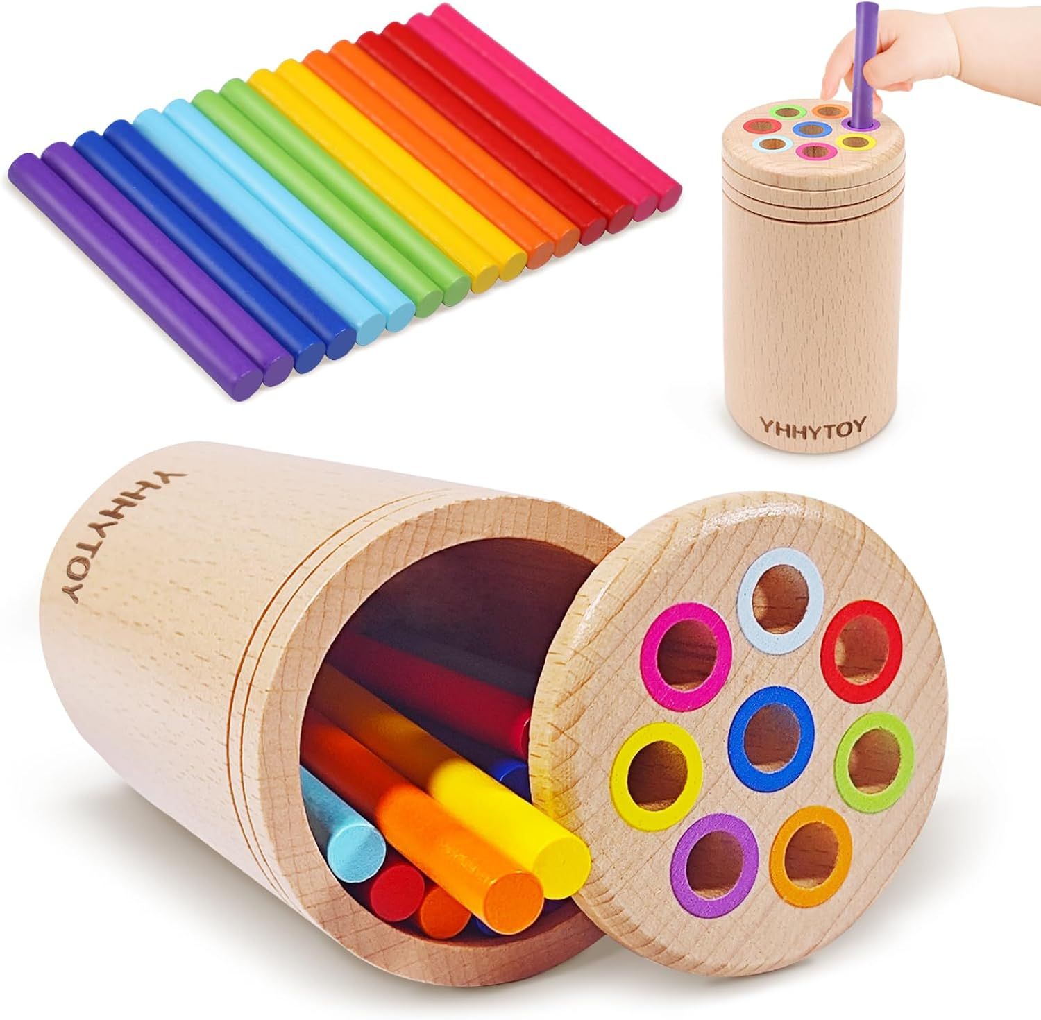 Wooden kaleidoscope-style pencil holder with colorful markers arranged in rainbow patterns and circular compartments.