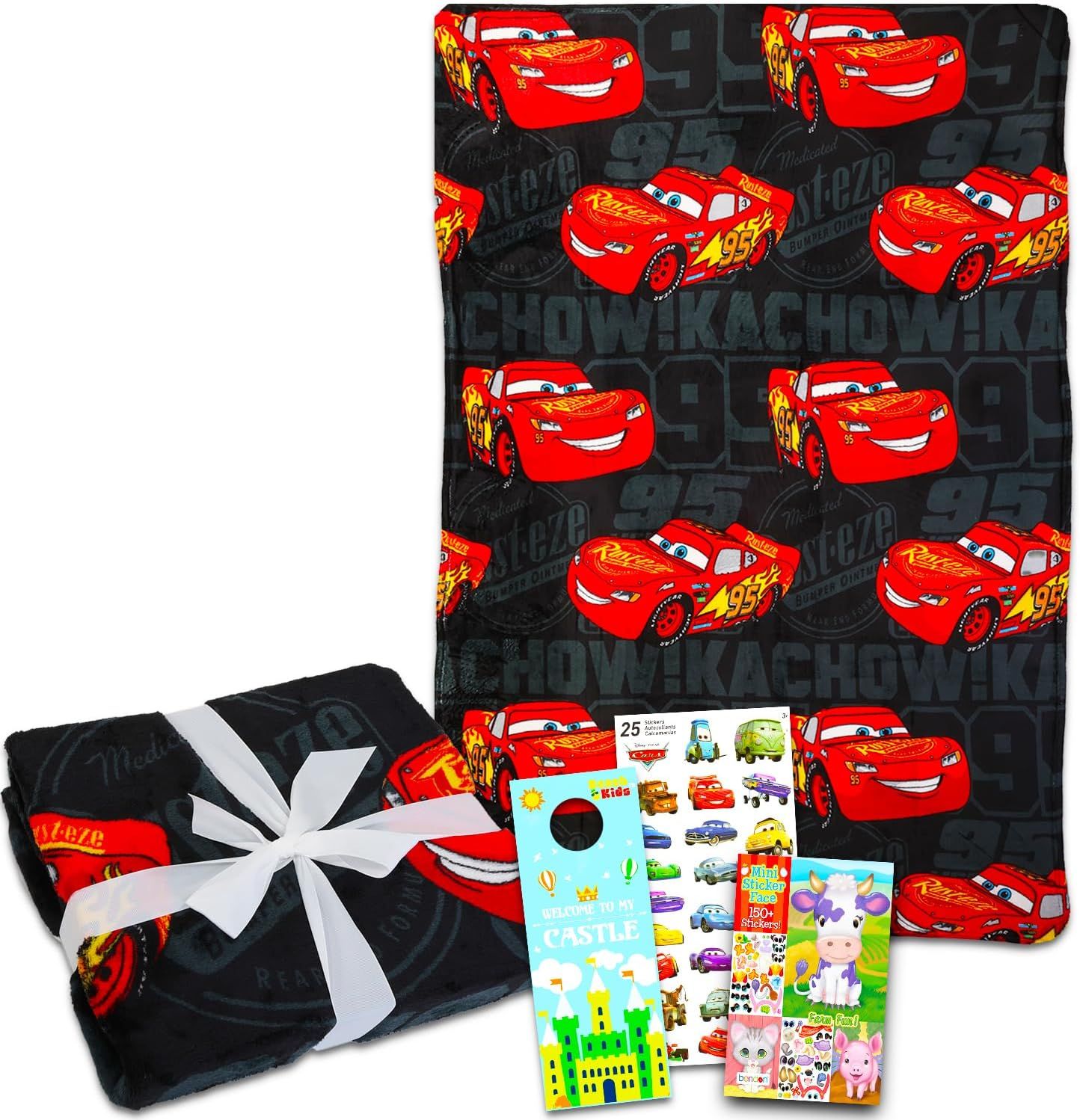Disney Cars Lightning McQueen themed blanket and gift wrap set with black background and red race car pattern.