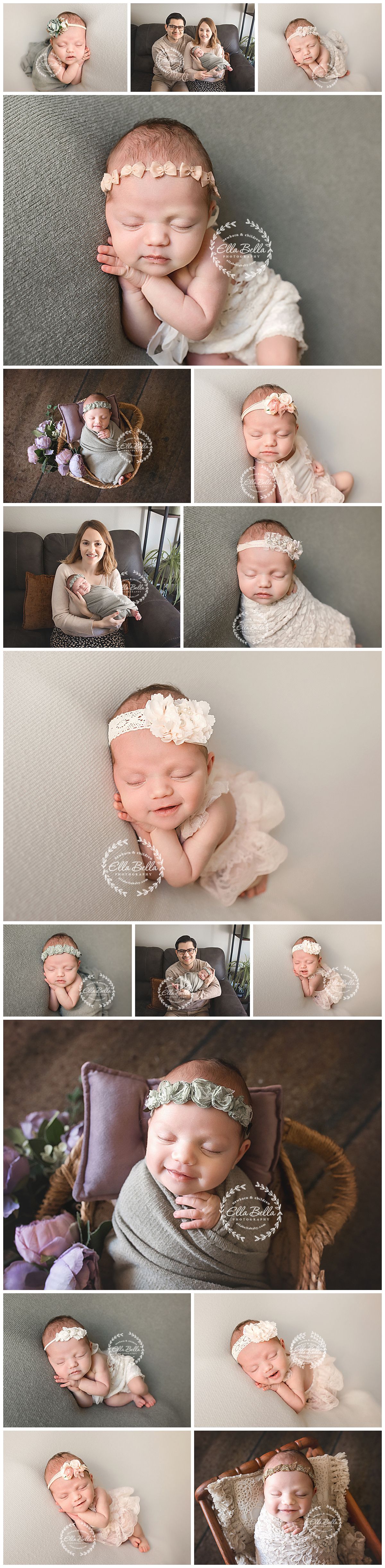 Newborn baby wearing pink lace outfit sleeps peacefully on soft gray backdrop during professional photo session.