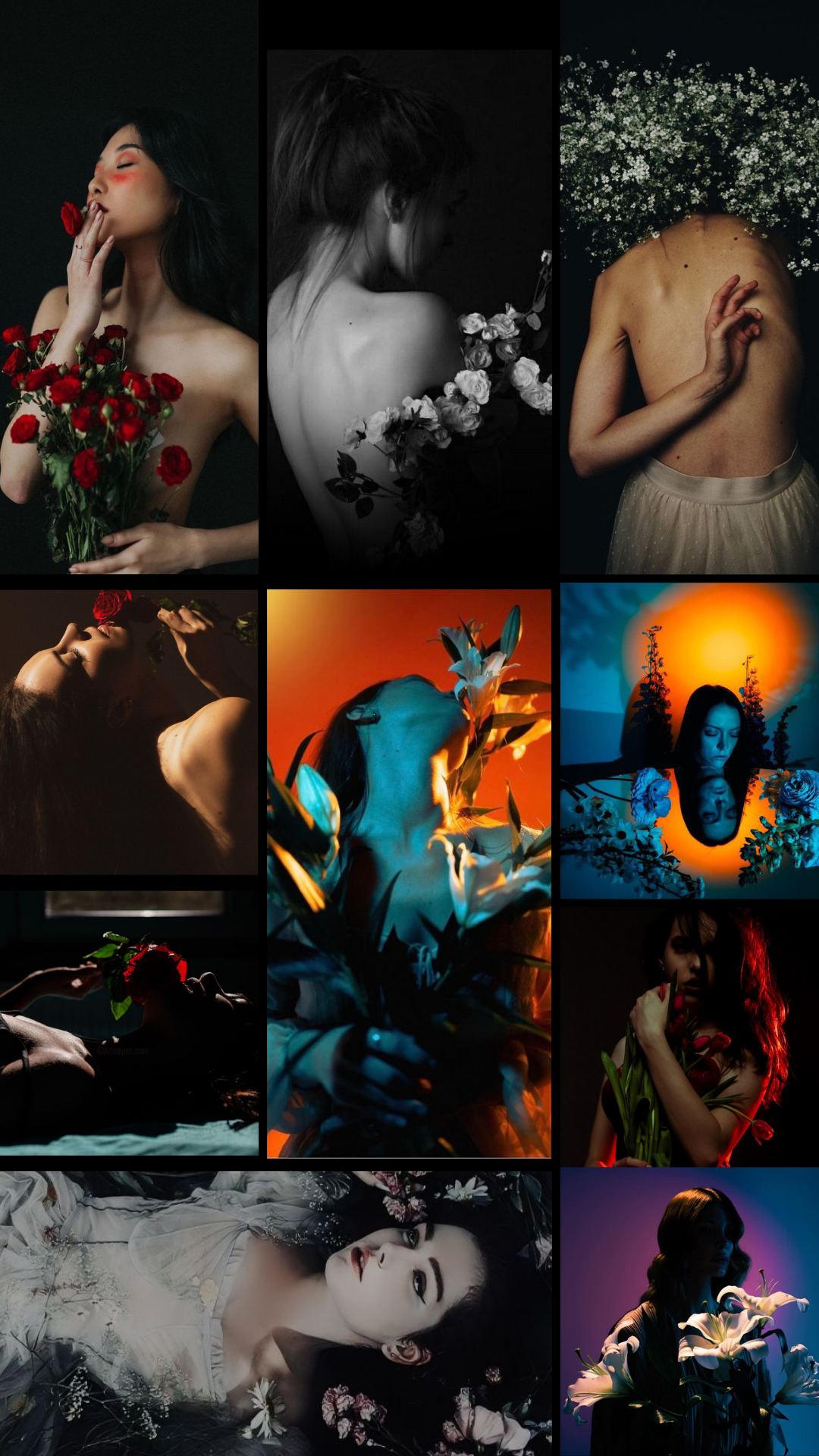 Artistic photo collage featuring dramatic lighting, floral elements, and moody portraits in red and blue tones.